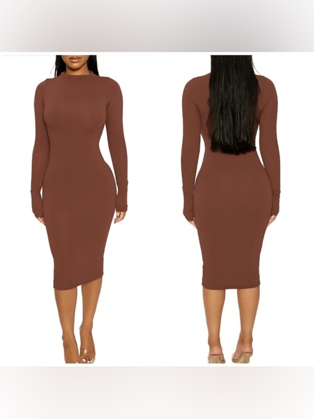 naked wardrobe Brown Long Sleeve Bodycon Midi Dress
